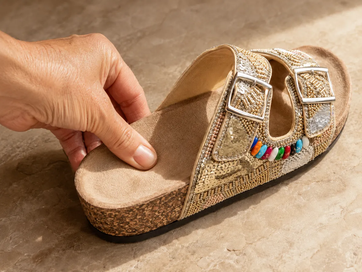 A hand pressing the cushioned footbed of a Mosaic sandal