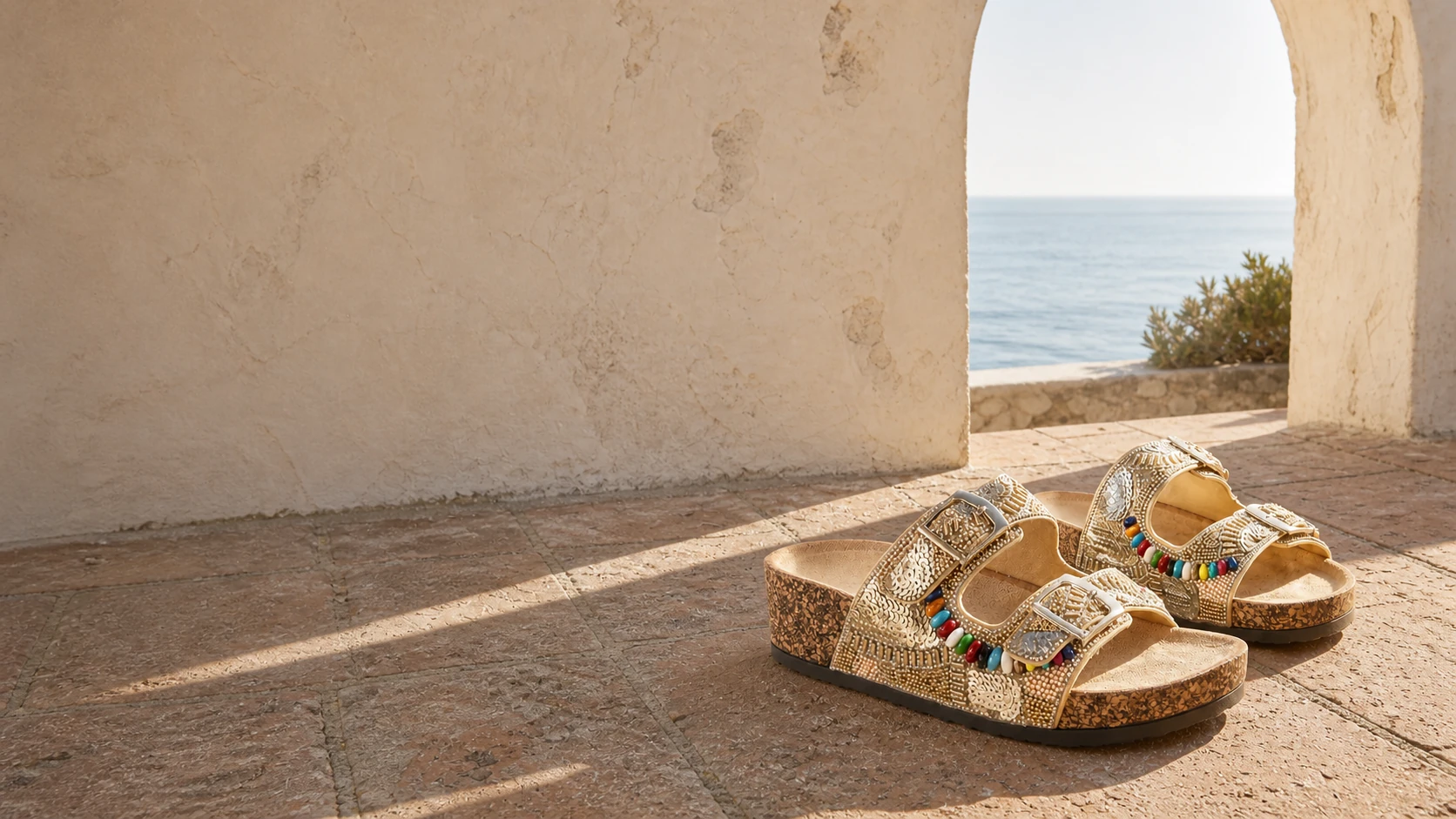 Palma Mosaic Gold sandals in a sunlit seaside courtyard
